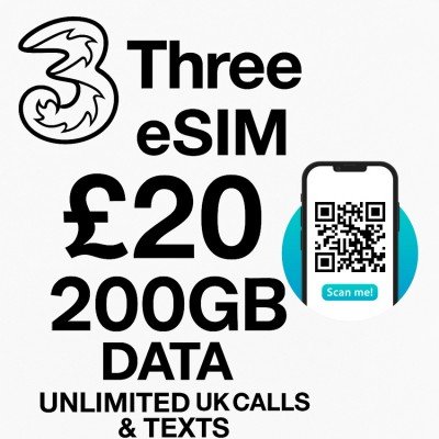 Three UK eSIM – £20 Bundle (200 GB) + Unlimited UK Calls & Texts | Instant QR Code Delivery