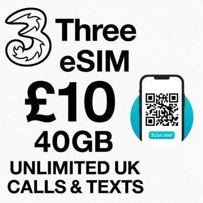 Three UK eSIM – £10 Bundle (40 GB) + Unlimited UK Calls & Texts | Instant QR Code Delivery