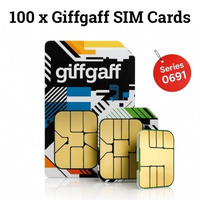 100 x Giffgaff UK Network Pay As You Go UK Sim Cards - 0691 Series