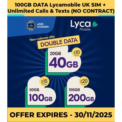 Lycamobile £15 Bundle – 100GB Data + Unlimited UK Calls & Texts | 30 Days | No Contract