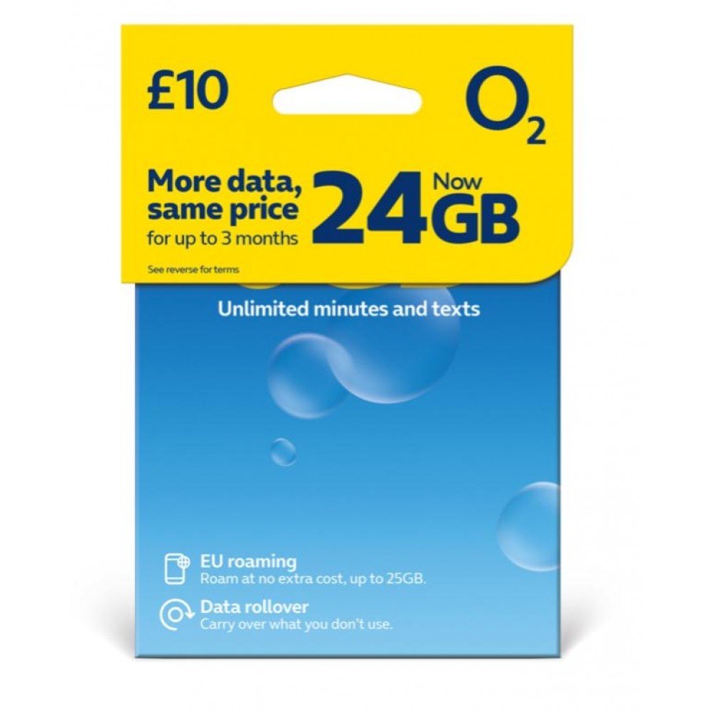 24GB Data + Unlimited UK Minutes & Texts O2 Network For 30 Days (O2 £10 ...