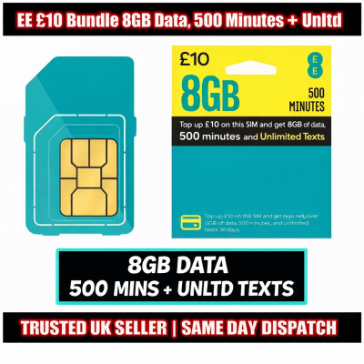 EE £10 Bundle Pay As You Go SIM Card – 8GB Data, 500 Minutes & Unlimited Texts EE £10 Bundle Pay As You Go SIM Card – 8GB Data, 500 Minutes & Unlimited Texts