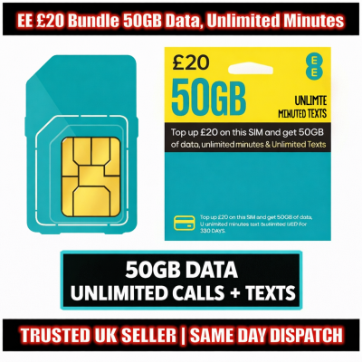 EE £20 Bundle Pay As You Go SIM Card – 50GB Data, Unlimited Minutes & Texts EE £20 Bundle Pay As You Go SIM Card – 50GB Data, Unlimited Minutes & Texts