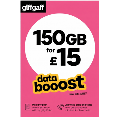 Giffgaff £15 Voucher | 150GB Data | Instant Activation (New Giffgaff SIM ONLY)