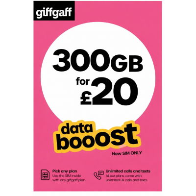 Giffgaff £20 Voucher | 300GB Data | Instant Activation (New Giffgaff SIM ONLY)