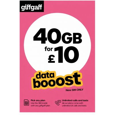 Giffgaff £10 Voucher | 40GB Data | Instant Activation (New Giffgaff SIM ONLY)