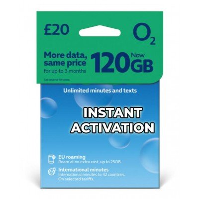 O2 UK £20 Bundle - 120GB Data + Unlimited Minutes & Texts - Instant Activation