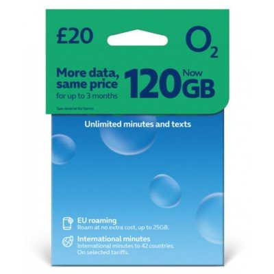 120GB Data + Unlimited UK Minutes & Texts O2 Network For 30 Days (O2 £20 Bundle)