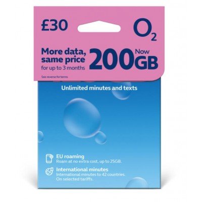 200GB Data + Unlimited UK Minutes & Texts O2 Network For 30 Days (O2 £30 Bundle)