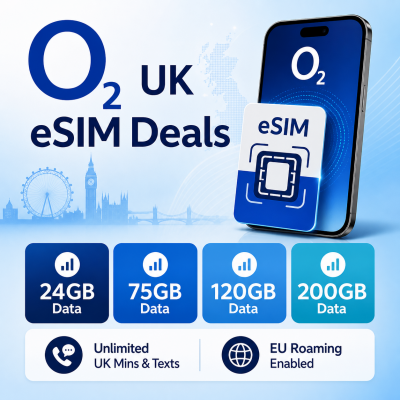 O2 UK eSIM Deals - 24GB, 75GB, 120GB or 200GB Data + Unlimited UK Mins & Texts