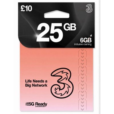 Three £10 Preloaded PAYG SIM - 25GB Data