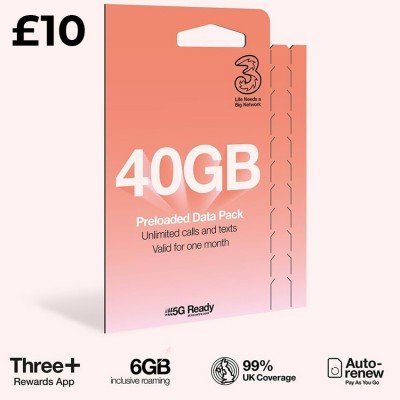 £10 Three Pay As You Go SIM with 40GB Data + Unlimited UK Minutes & Texts (Three £10 Bundle)