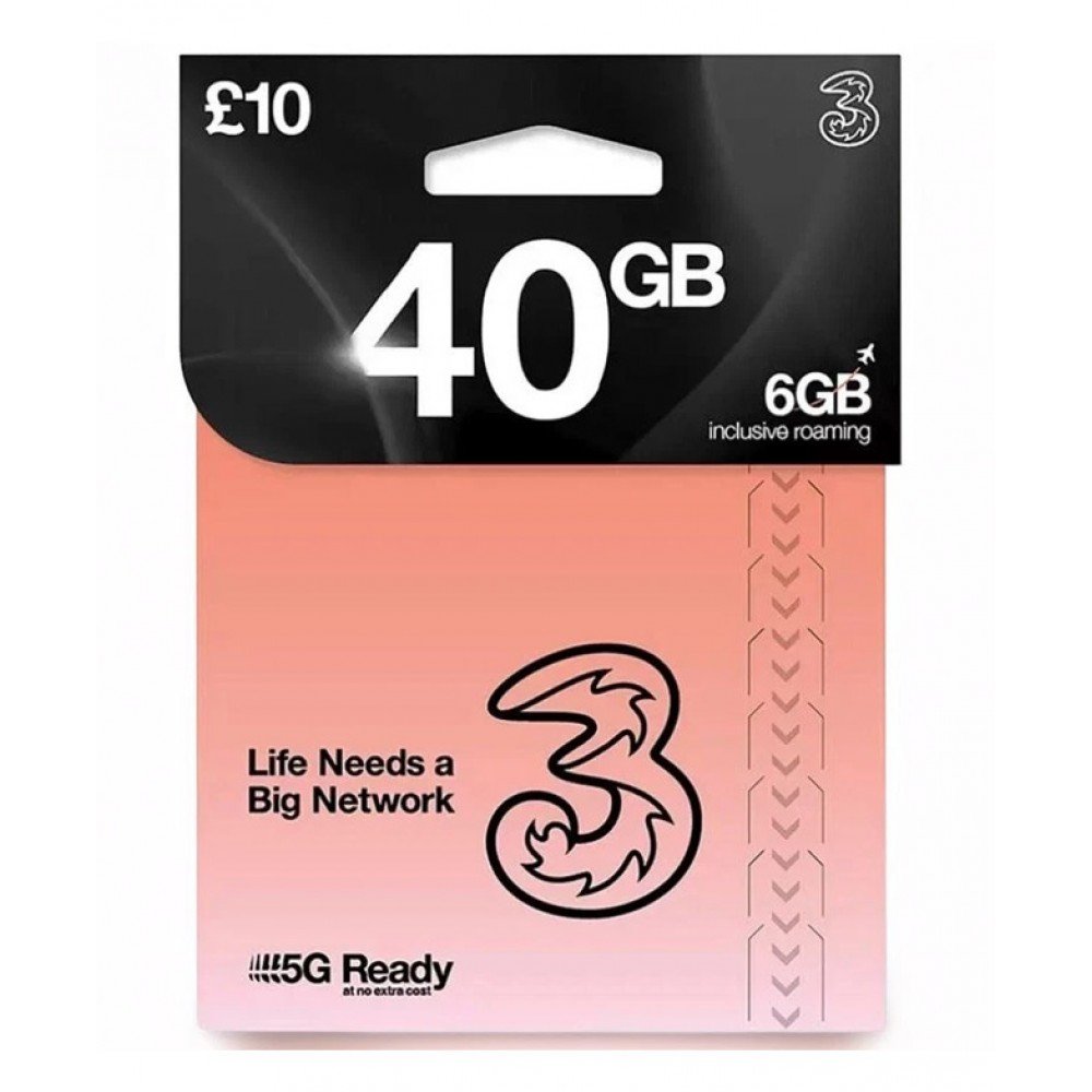 40GB Data Three UK sim card Pay As You Go With Unlimited Mins & Texts Sim