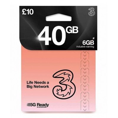 40GB Data Three UK sim card Pay As You Go With Unlimited Mins & Texts Sim