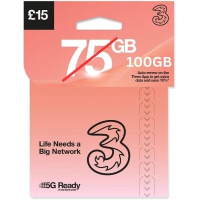 £15 Three Pay As You Go SIM with 100GB Data + Unlimited UK Minutes & Texts (Three £15 Bundle)