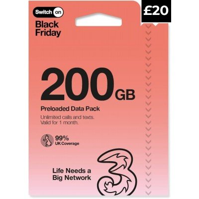 £20 Three Pay As You Go SIM with 200GB Data + Unlimited UK Minutes & Texts (Three £20 Bundle)