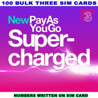 100 x 3 (Three) Pay As You Go UK Network Sim Cards