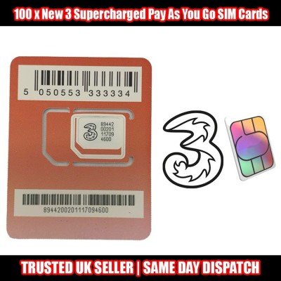 100 x 3 (Three) Pay As You Go UK Network Sim Cards