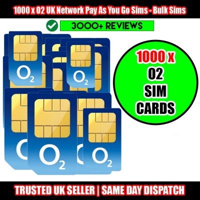 1000 x O2 Pay As You Go UK Network SIM cards