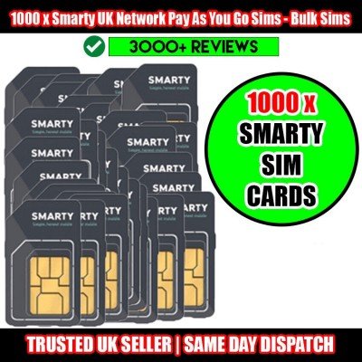 1000 x Smarty Pay As You Go UK Network SIM cards