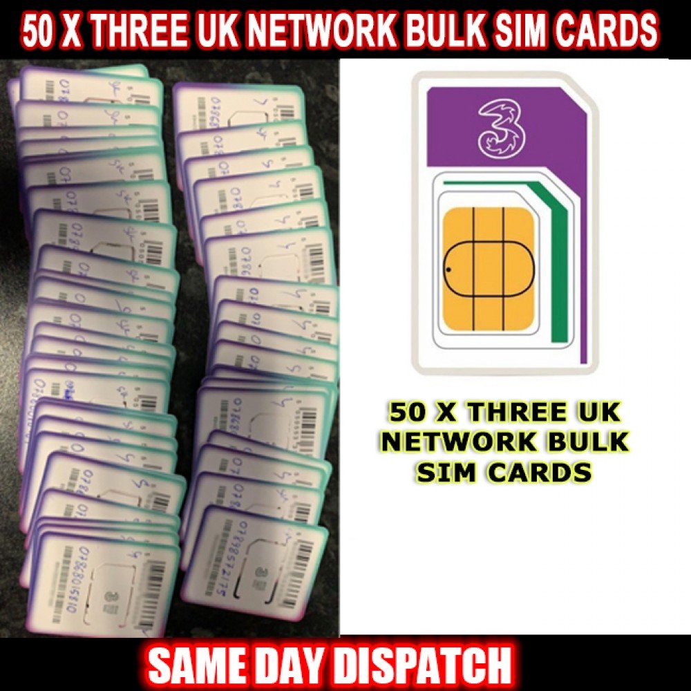 Buy 50 x 3 (Three) UK Network Pay As You Go Bulk Sim Cards
