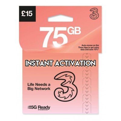 Three UK £15 Bundle - 75GB Data + Unlimited Minutes & Texts - Instant Activation