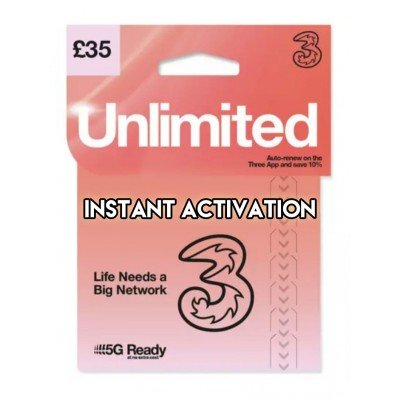 Three UK £35 Bundle - Unlimited Data + Unlimited Minutes & Texts - Instant Activation