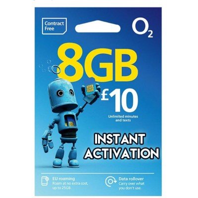 O2 UK PAYG SIM Card £10 Bundle - 8GB + Unlimited Mins & Texts - Instant Activation