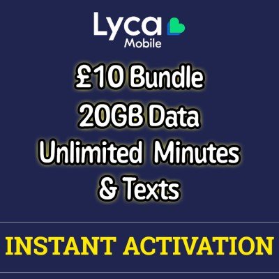 Lycamobile £10 Bundle - 20GB + Unlimited Minutes & Texts - Instant Activation