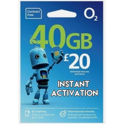 O2 UK £20 Bundle - 40GB Data + Unlimited Minutes & Texts - Instant Activation