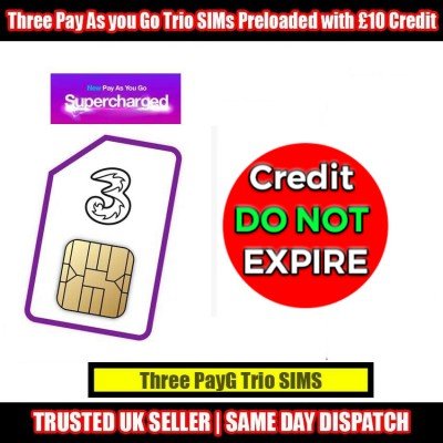 £10 Three Preloaded UK Network Pay As You Go SIM Card - CREDIT DO NOT EXPIRE