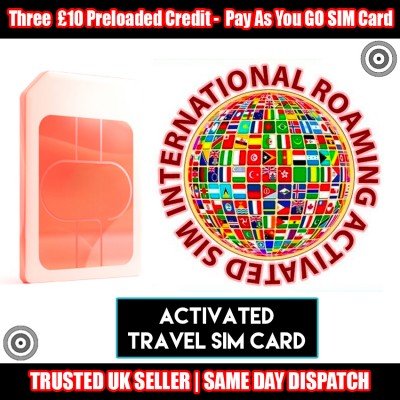 Three (3) UK £10 Preloaded Credit Pay As You Go EU Roaming Activated Travel Sim Card