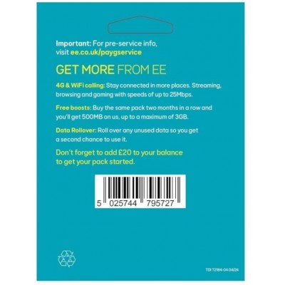EE UK PAYG SIM Card £20 Bundle - 50GB + Unlimited Mins & Texts - Instant Activation