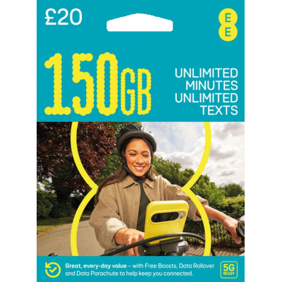 EE £20 Bundle Pay As You Go SIM Card – 150GB Data, Unlimited Minutes & Texts EE £20 Bundle Pay As You Go SIM Card – 150GB Data, Unlimited Minutes & Texts