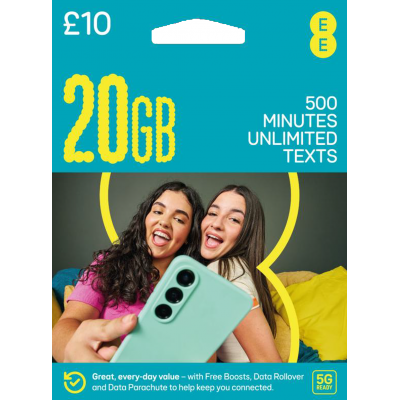 EE £10 Bundle Pay As You Go SIM Card – 20GB Data, 500 Minutes & Unlimited Texts EE £10 Bundle Pay As You Go SIM Card – 20GB Data, 500 Minutes & Unlimited Texts