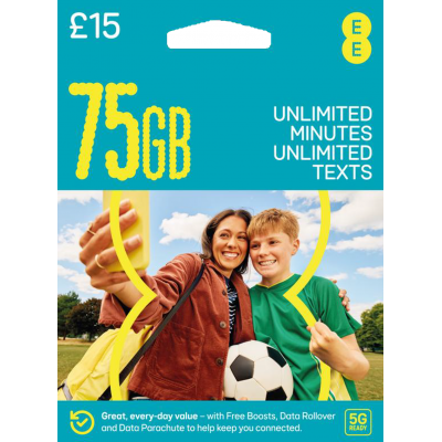 EE £15 Bundle Pay As You Go SIM Card – 75GB Data, Unlimited Minutes & Texts EE £15 Bundle Pay As You Go SIM Card – 75GB Data, Unlimited Minutes & Texts