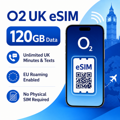 O2 UK eSIM 120GB Data + Unlimited UK Minutes & Texts - EU Roaming Enabled