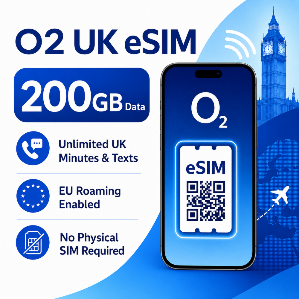 O2 UK eSIM 200GB Data - Unlimited UK Minutes & Texts with EU Roaming