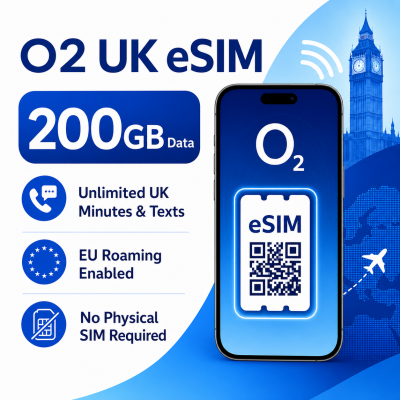 O2 UK eSIM 200GB Data + Unlimited UK Minutes & Texts - EU Roaming Enabled
