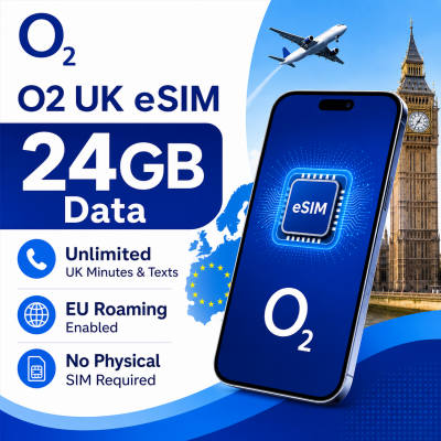 O2 UK eSIM 24GB Data + Unlimited UK Minutes & Texts - EU Roaming Enabled