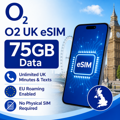 O2 UK eSIM 75GB Data + Unlimited UK Minutes & Texts - EU Roaming Enabled
